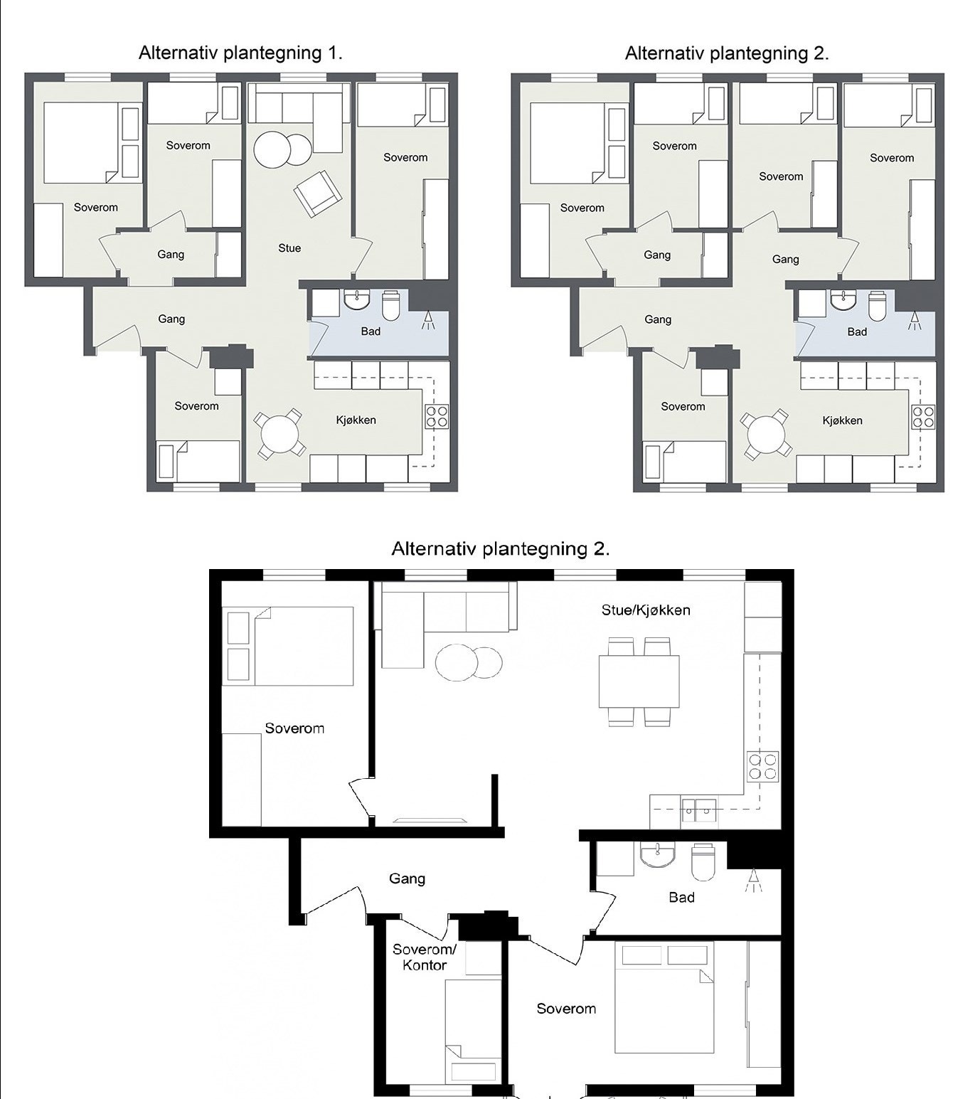 Alternative planløsninger - mulighetene er mange! Bak plassbygget hylle i stue viser selger til at det er enkel adkomst til vann/avløp, dersom man ønsker å flytte kjøkken. Galleribilde