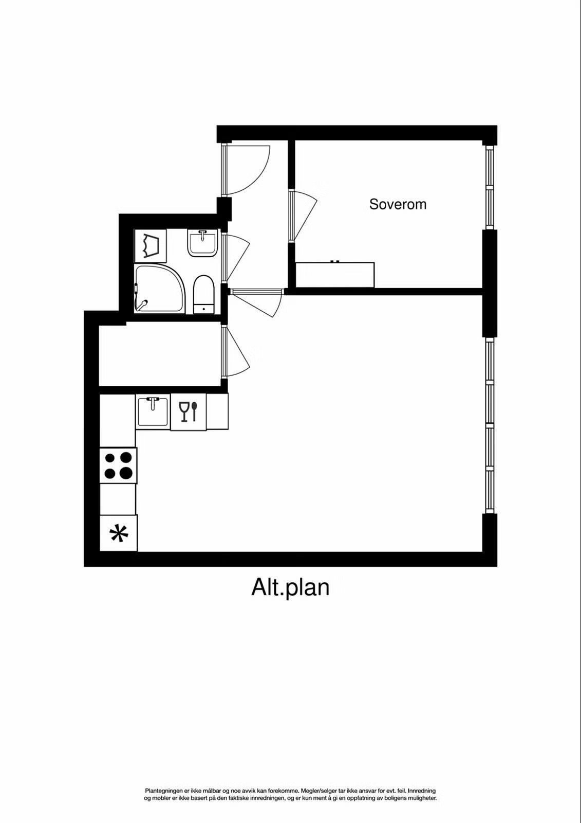 Alternativ planløsning. Mange beboere i borettslaget har flyttet kjøkkenet ut i stuen og laget eget soverom. Galleribilde