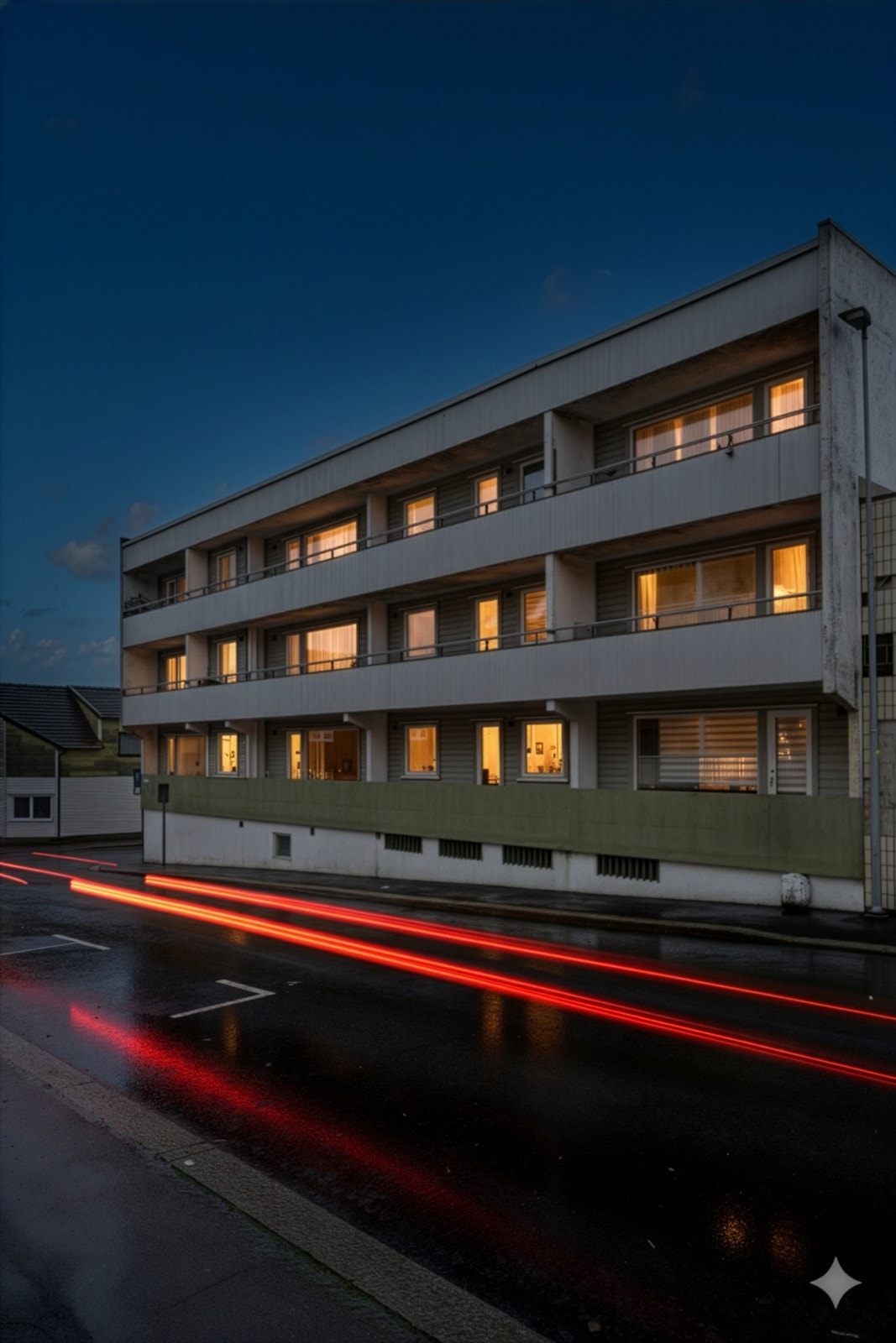 Fasaden er kledd med fasadeplater og kledningsbord, og bygningen har balkongdører med 2-lags isolerglass. Galleribilde