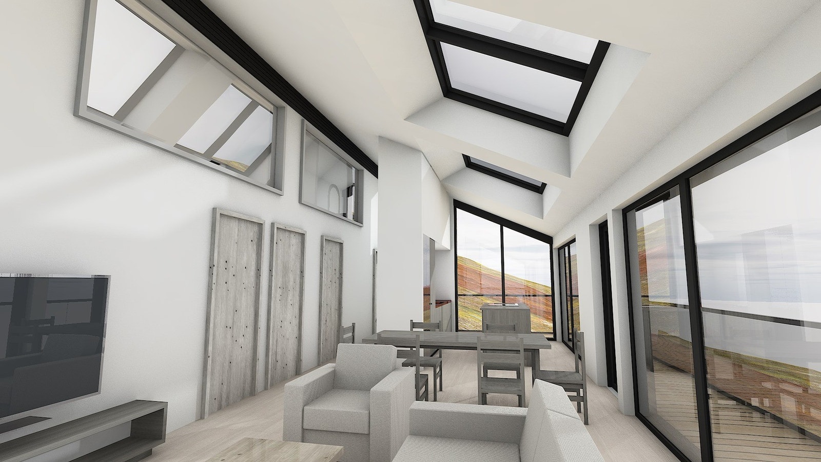 Fra stuen vil man ha fantastisk utsikt ut over fjorden. En balkong strekker seg rundt hele fritidsboligen. Galleribilde