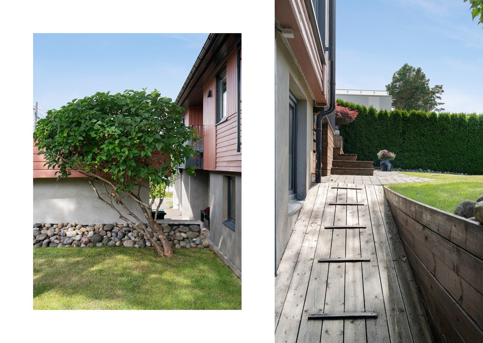 Det er gangvei langshusveggen som fører deg opp og ned til hagen og terrassen. Galleribilde