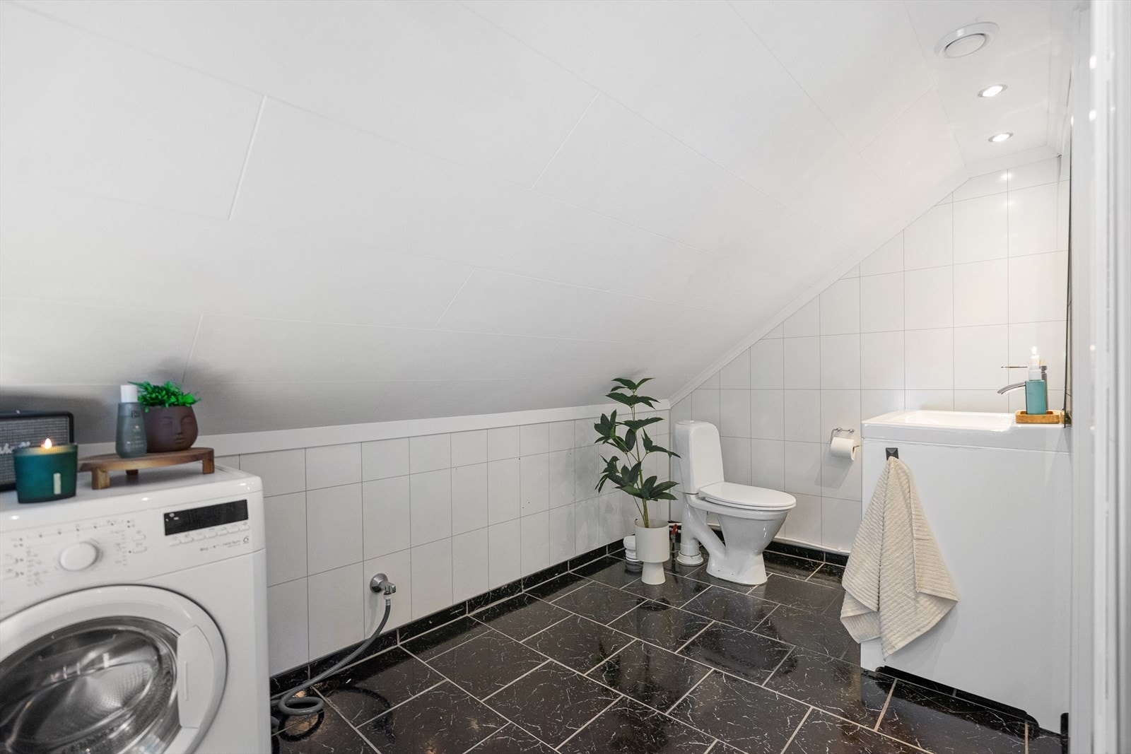 Badet er utstyrt med toalett, romslig servant med oppbevaringsmuligheter, dusj og opplegg til vaskemaskin Galleribilde