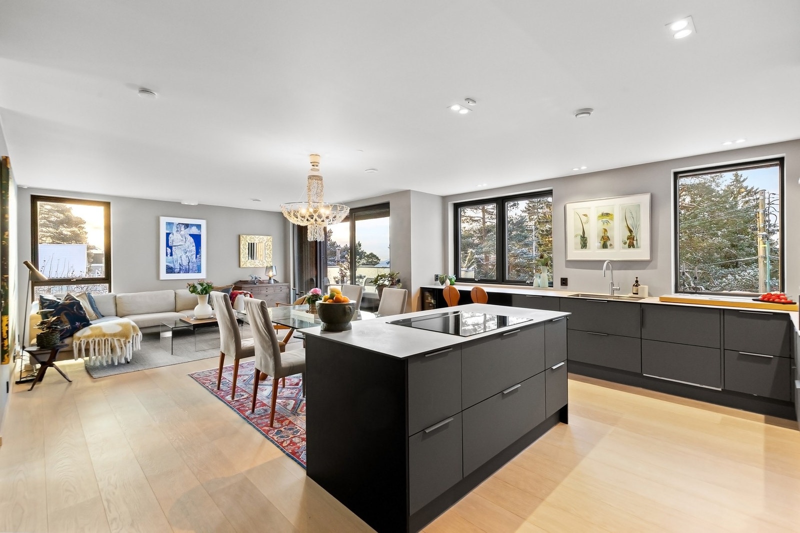 Kjøkkenet er utstyrt med induksjonstopp med integrert ventilator tilkoblet kanal. Galleribilde