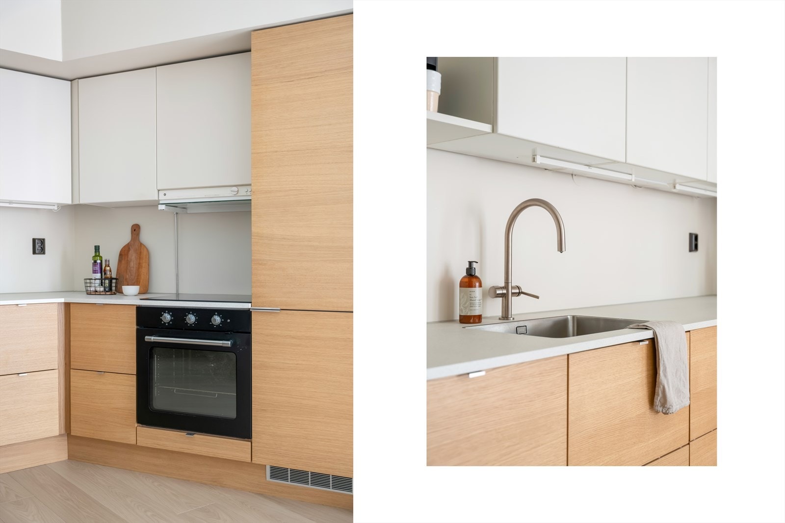 Kjøkkenet ble oppgradert i 2023 med nye fronter, innmat i underskap og pussete, malte overskap for et friskt uttrykk. Galleribilde