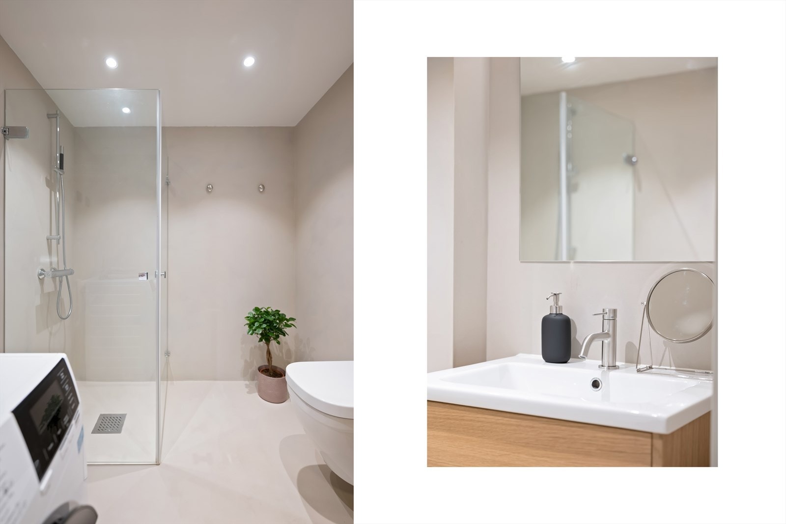 Lekkert og moderne baderom totalrenovert i 2023 med stilrene materialvalg og gjennomført design. Galleribilde