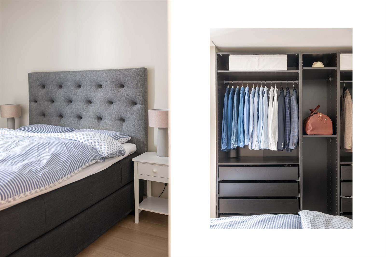 Praktisk garderobe gir gode oppbevaringsmuligheter og bidrar til et ryddig og funksjonelt soverom. Galleribilde