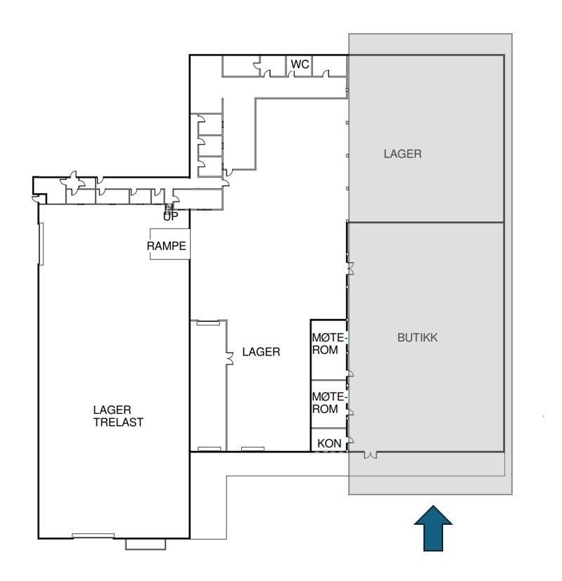 Arealet bak butikk angitt her som lager er det som skal leies ut. Galleribilde