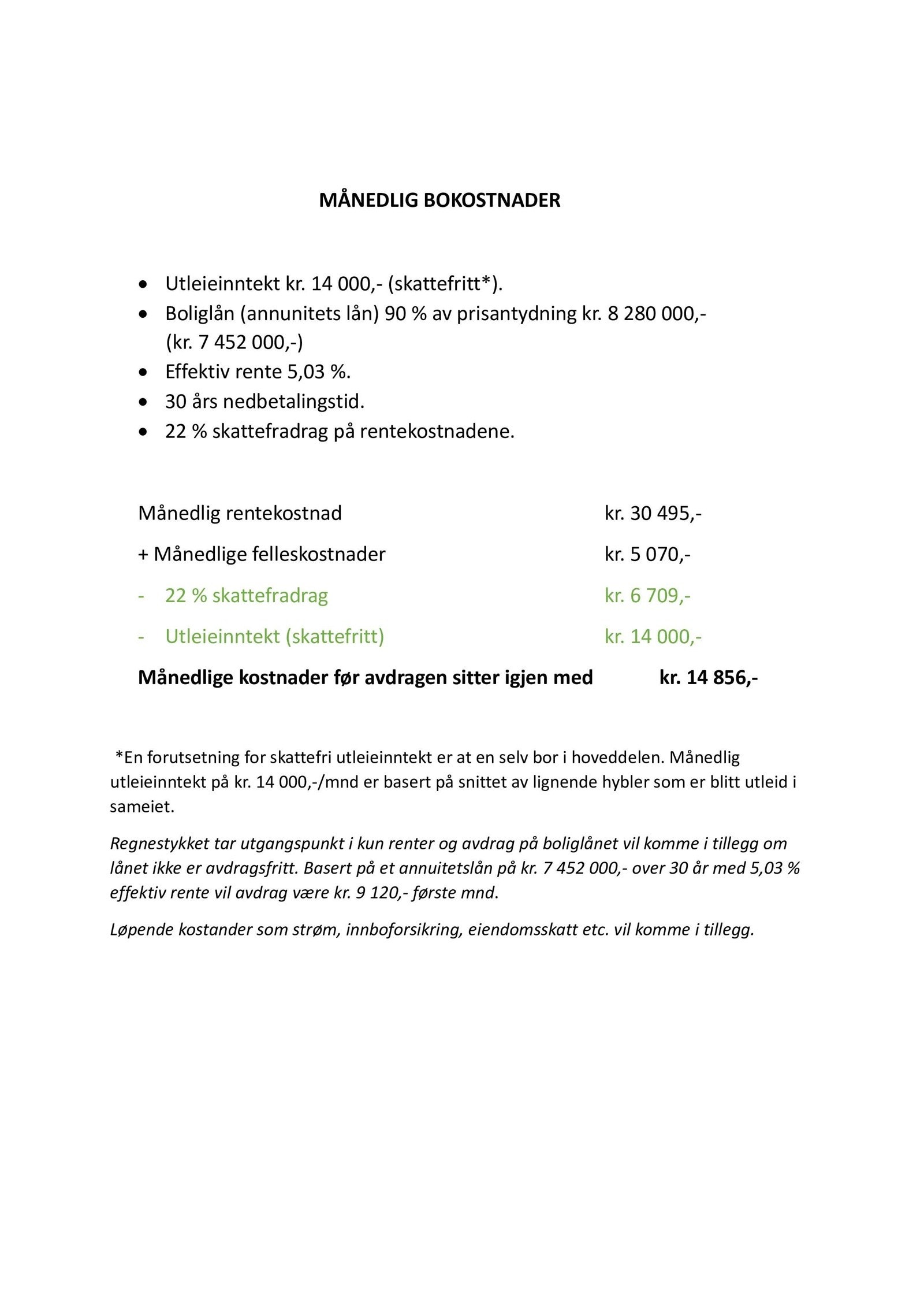 Utregning på ca. boutgifter ved kjøp til prisantydning og utleie av hybelen. Galleribilde