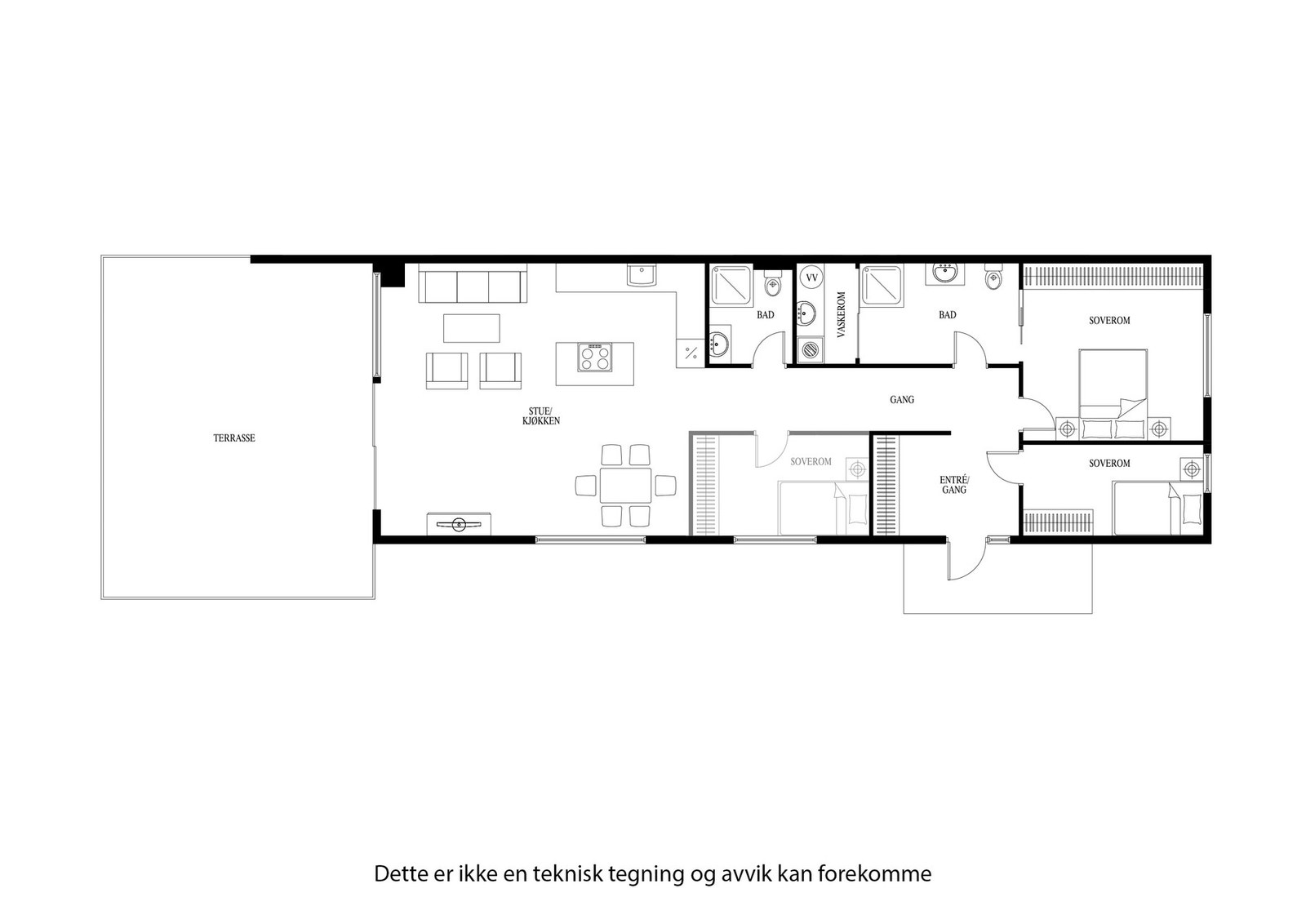 Plantegning med alternativt 3 soverom Galleribilde