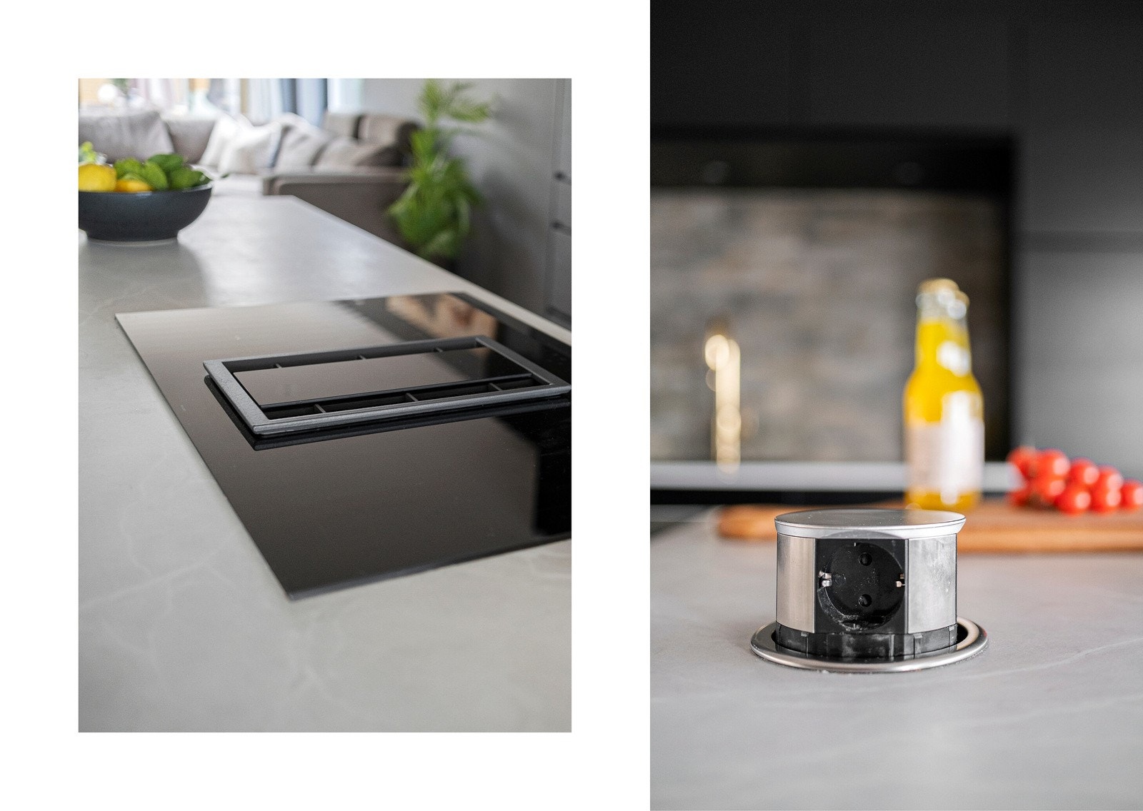 Kokeplate med nedfelt ventilator. I tillegg er det stikk med USB nedfelt i benken. Galleribilde