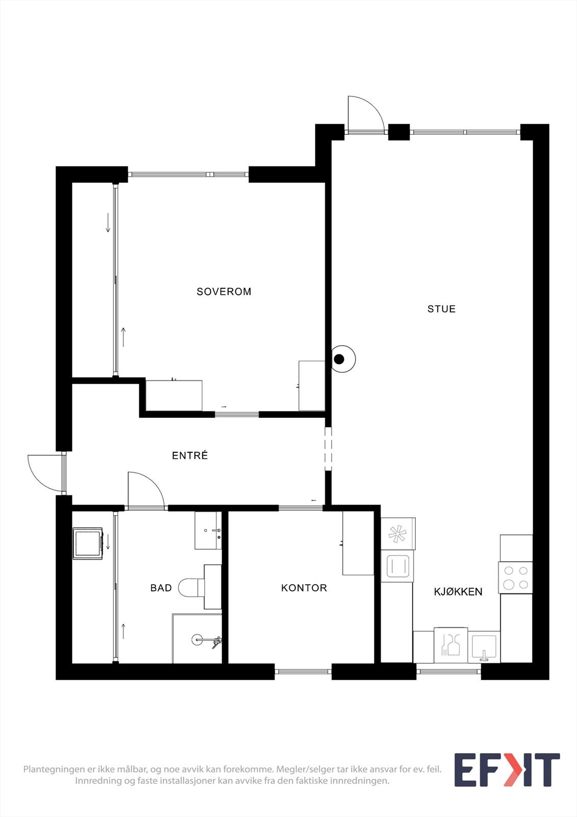 Plantegningen viser en arealeffektiv bolig på ett plan med åpen stue- og kjøkkenløsning, to soverom og bad. Galleribilde