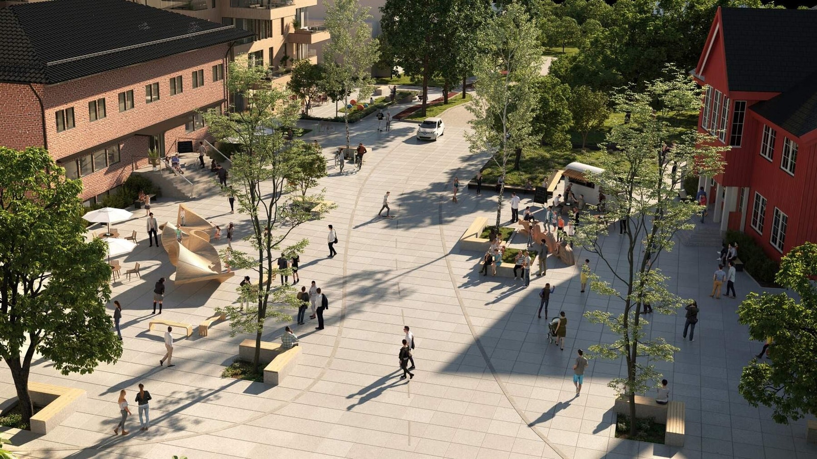 På plassen mellom Gotaasalléen og Herredshuset er i dag et nytt torg og miljøgate under ferdigstillelse. Torget vil bli en levende møteplass med grønne lunger, kunst, lekeområder og urbane bykvaliteter. Illustrasjon: Stor Oslo Eiendom. Galleribilde