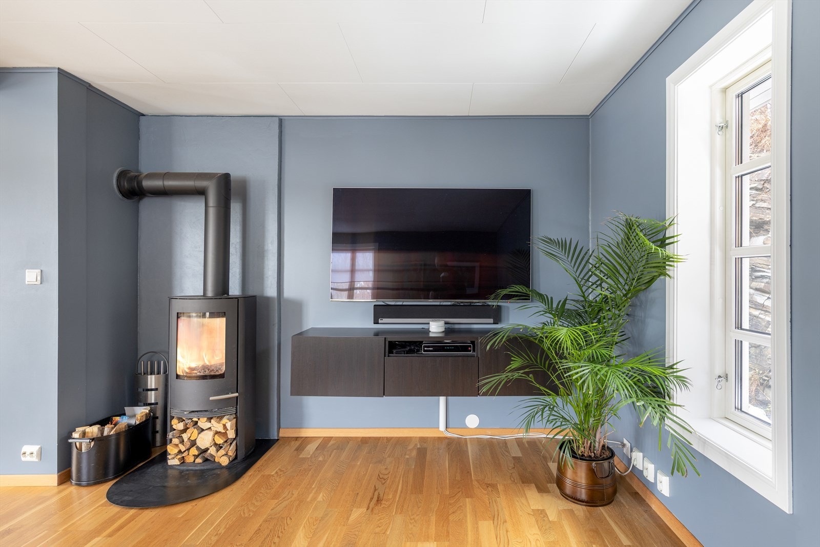 I tv-stuen er det montert vedovn for lun varme på kaldere dager. Galleribilde