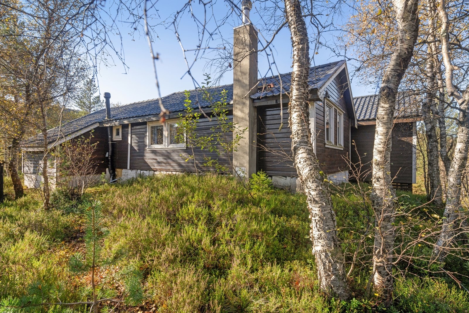 Fritidsbolig med tomt i kupert terreng, med omliggende naturlig vegetasjon. Galleribilde