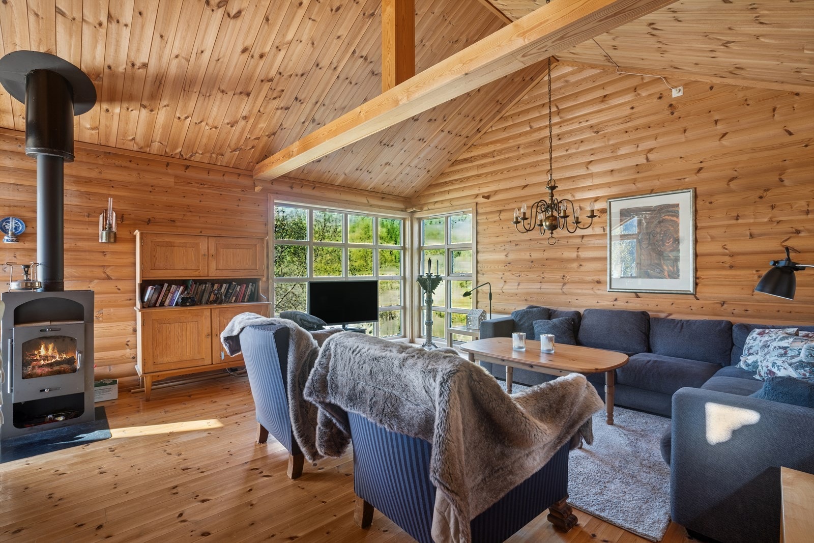 Oppholdsrommet har vedovn, og fra vinduene kan man nyte utsikten over vakre, naturskjønne omgivelser. Galleribilde