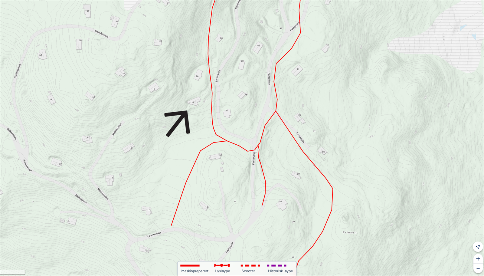 Skjermdump fra Sporet.no - som viser skiløypenettet som går forbi hytta. Galleribilde