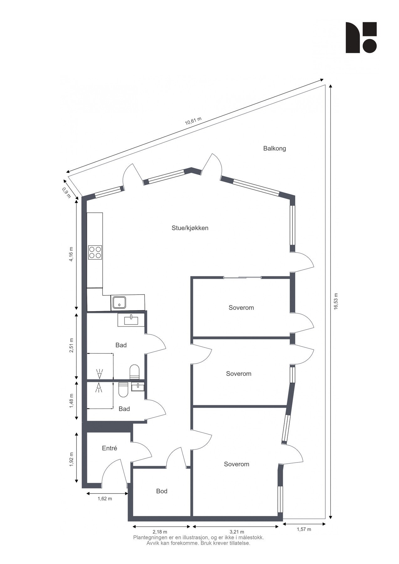 10 etasje - stue/kjøkken, 2 bad, 3 soverom, balkong og bod. Galleribilde