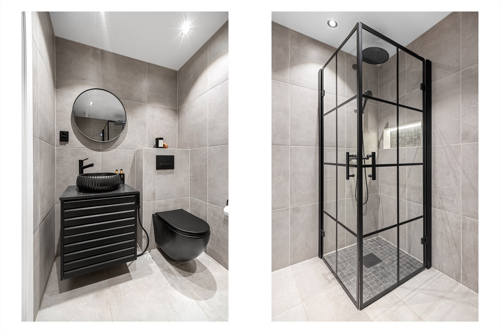 Badet fremstår som moderne og gjennomført med innfellbare dusjvegger av glass, svarte blandebatteri og dusjgarnityr, vegghengt toalett og sort servant med underskap. Galleribilde