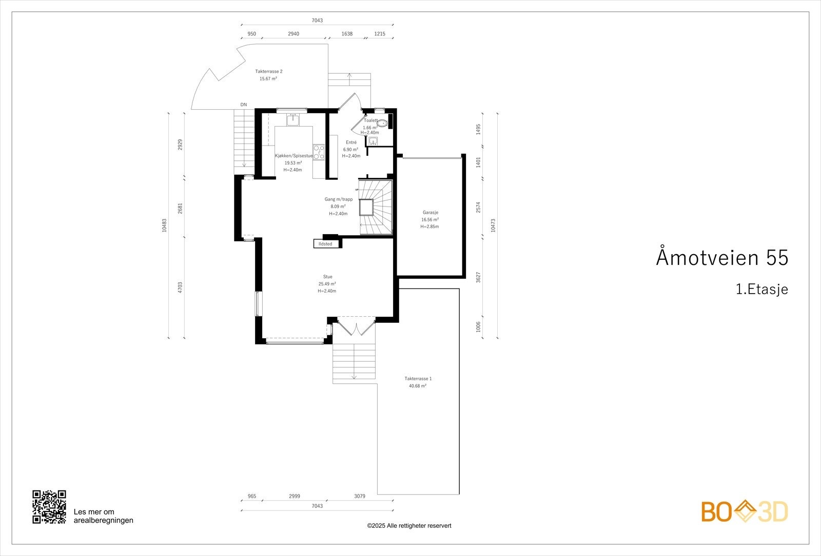 Planskisse 1.etg. Etasjen er 64 kvm (+ garasje) og består av entré, kjøkken med åpen løsning mot spisestue og stue, separat toalettrom. Garasje med ekstern inngang.