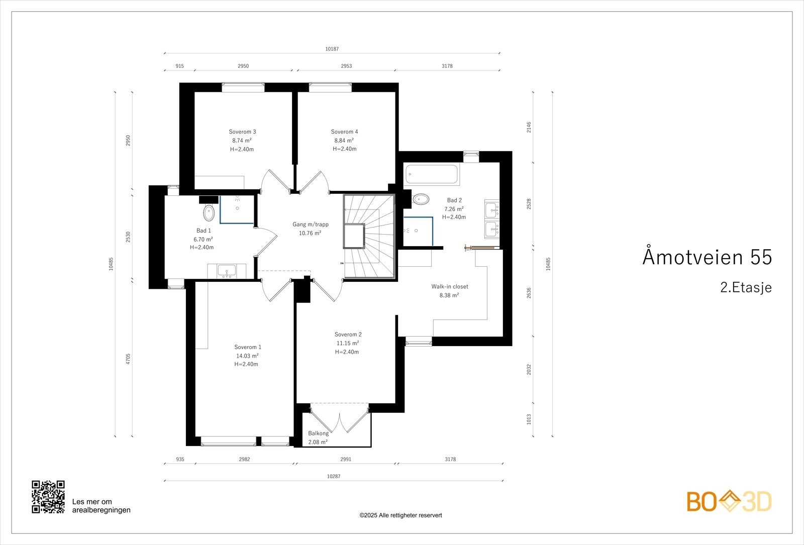 Planskisse 2.etg. Etasjen er 80 kvm og består av trappehall, 2 bad, 4 soverom og walk-in-garderobe.