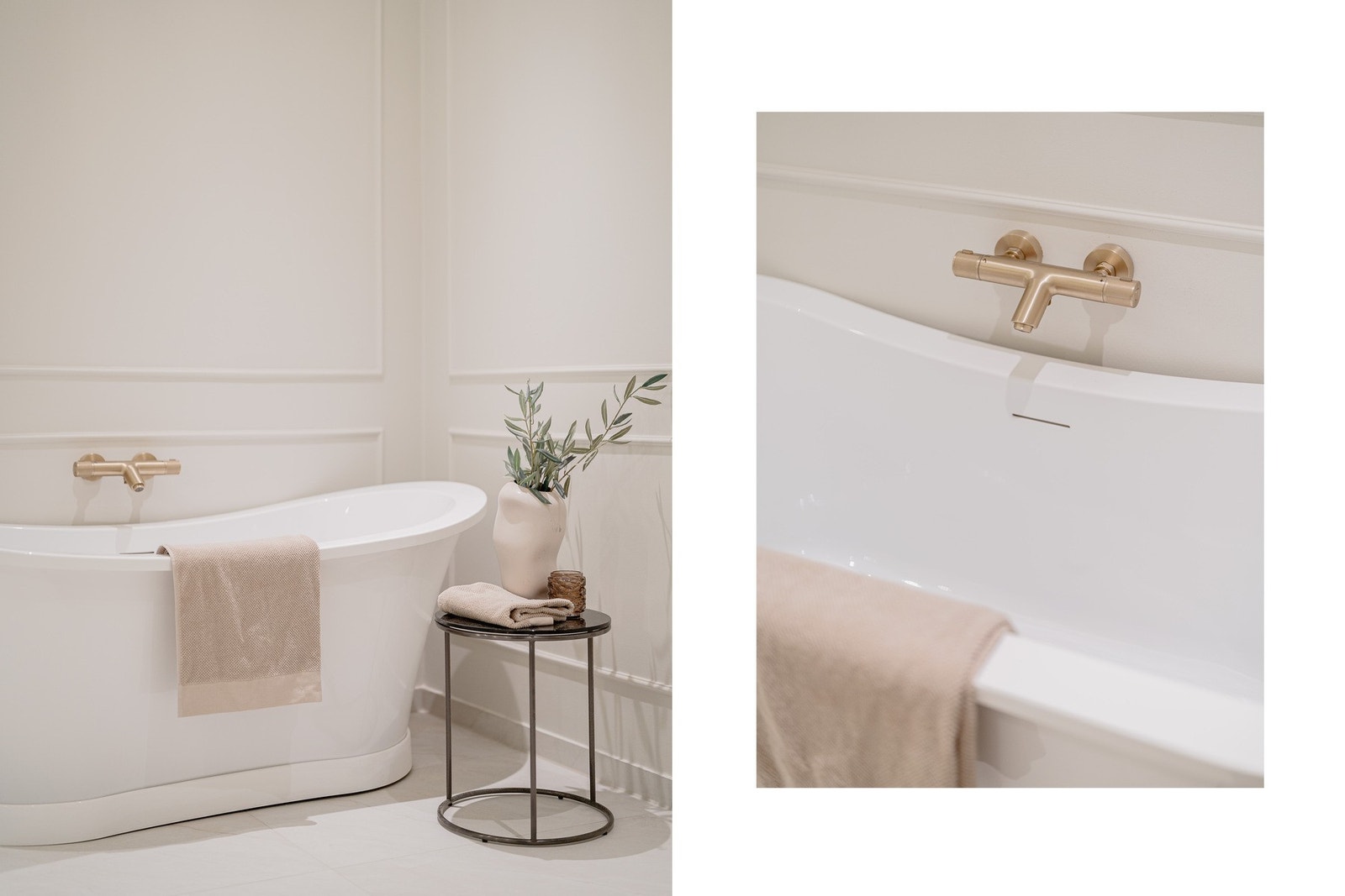 Også på badet er det utstrakt btuk av tidsriktige, klassiske elementer som rammeverk, stukkatur og rosett. Galleribilde