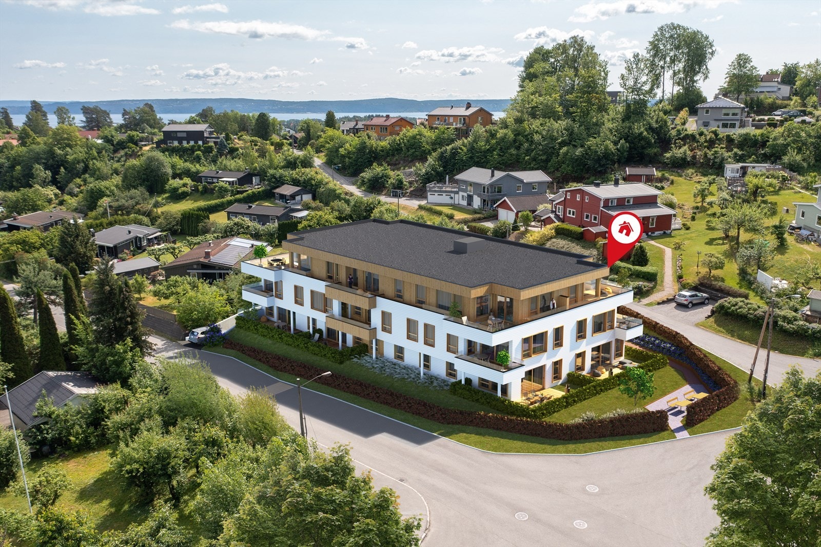 Bygget oppføres med boliger i tre etasjer med parkering- og bodplan i underetasje. Bildet er en illustrasjon og avvik vil forekomme. Galleribilde