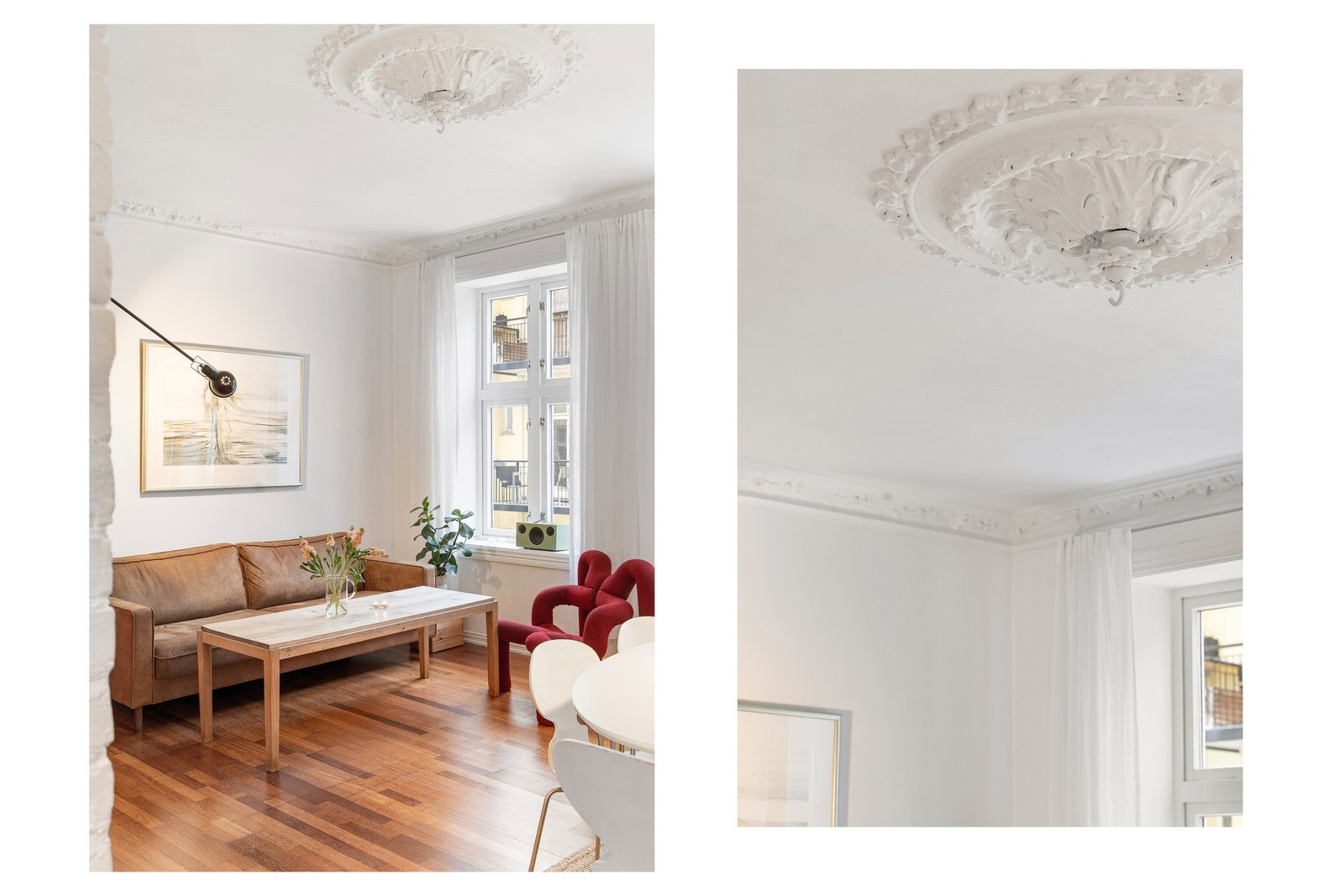 Boligen preges av klassiske og tidstypiske detaljer, med generøs takhøyde på ca. 2,9 meter, dekorativ rosett, stukkatur og store vinduer med dype vinduskarmer. Galleribilde