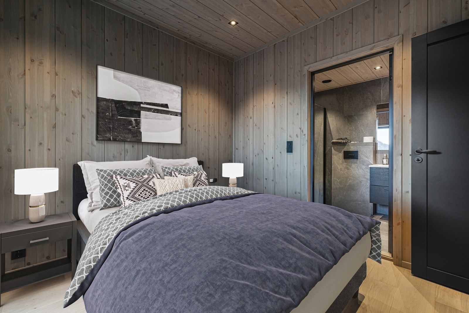 Det ene badet er tilknyttet det flotte hovedsoverommet (foto fra byggetrinn 1, digitalt stylet) Galleribilde