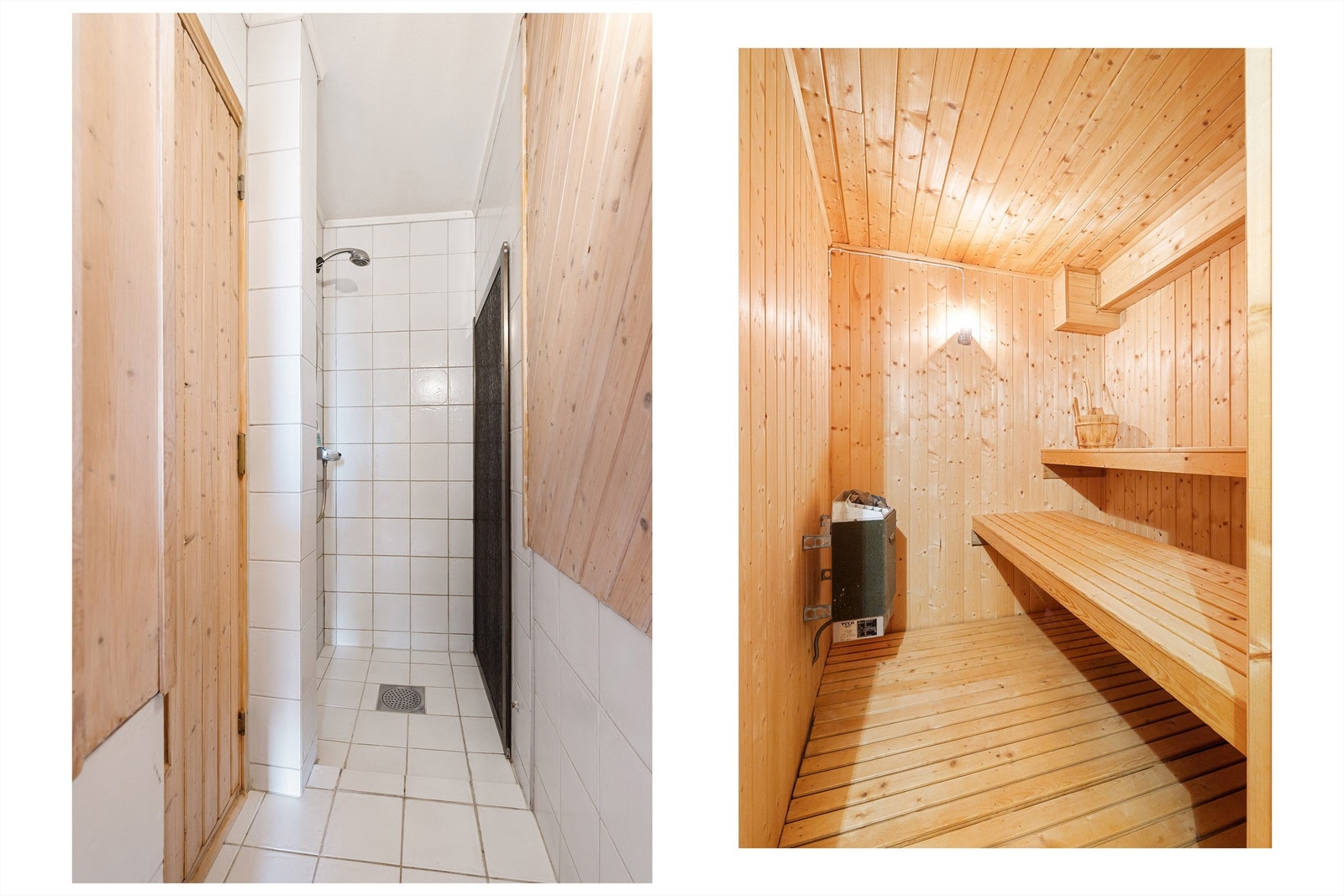 Direkte tilgang til disp. rom benyttet som badstue med benker i tre, elektrisk ovn, og avtrekksventil på veggen. Innredning av badstuen er ikke bruksendret/omsøkt og er heller ikke godkjent av kommunen. Galleribilde