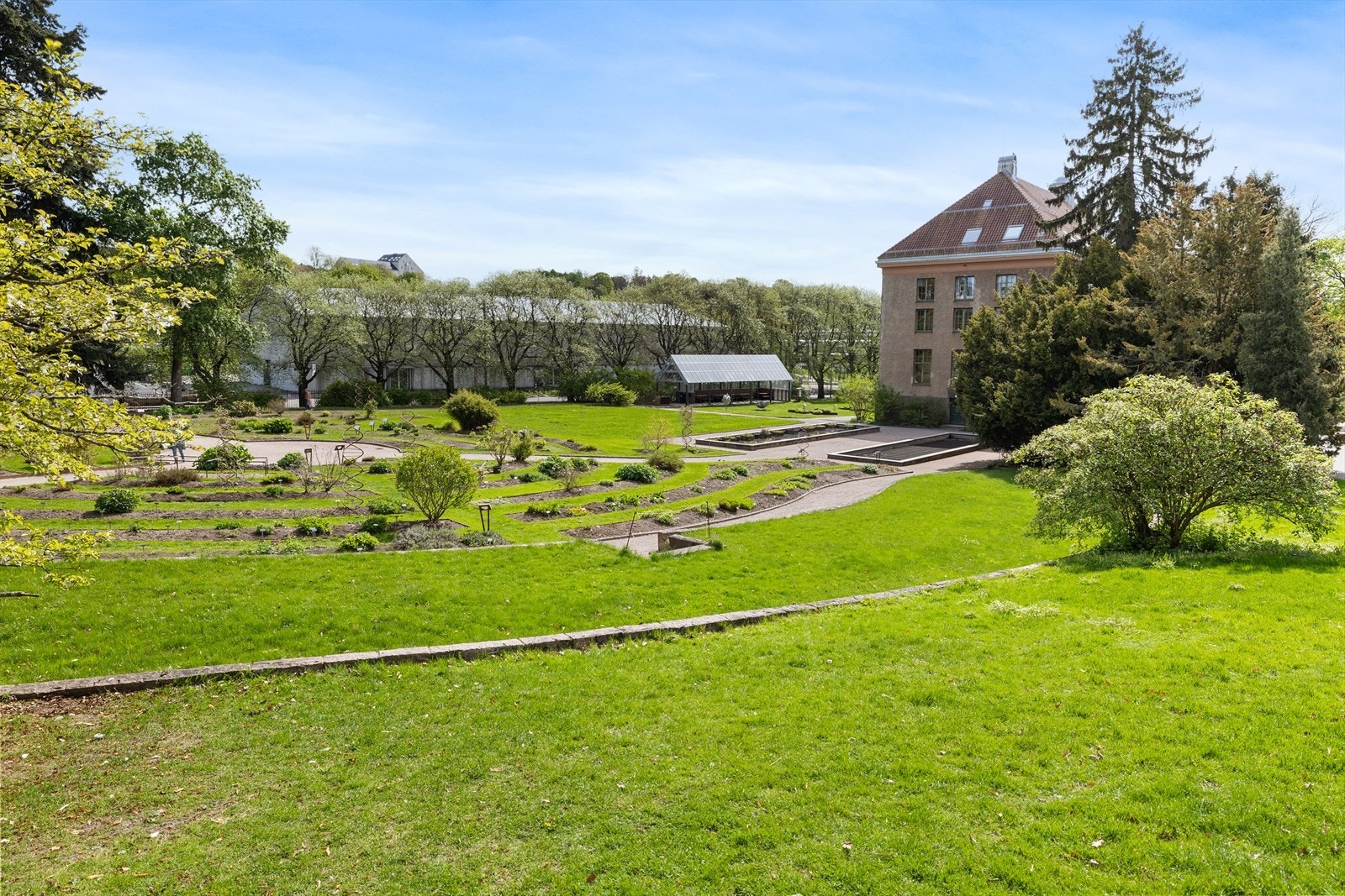 Botanisk hage rett over veien - et grønt og fredelig fristed med vakker beplantning, rolige stier og sesongvariasjoner året rundt. En helt unik kvalitet i hverdagen Galleribilde