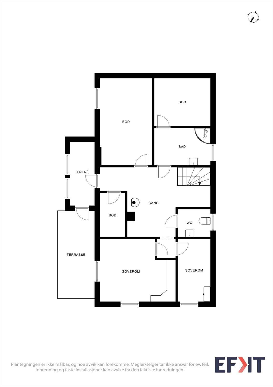Plantegning for kjelleren, som har egen inngang, to soverom, vaskerom og boder. Galleribilde