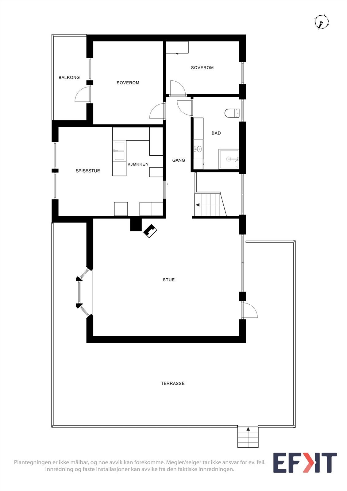 Plantegning for 1. etasje, som viser en praktisk planløsning med to soverom og åpen stue/spisestue. Galleribilde