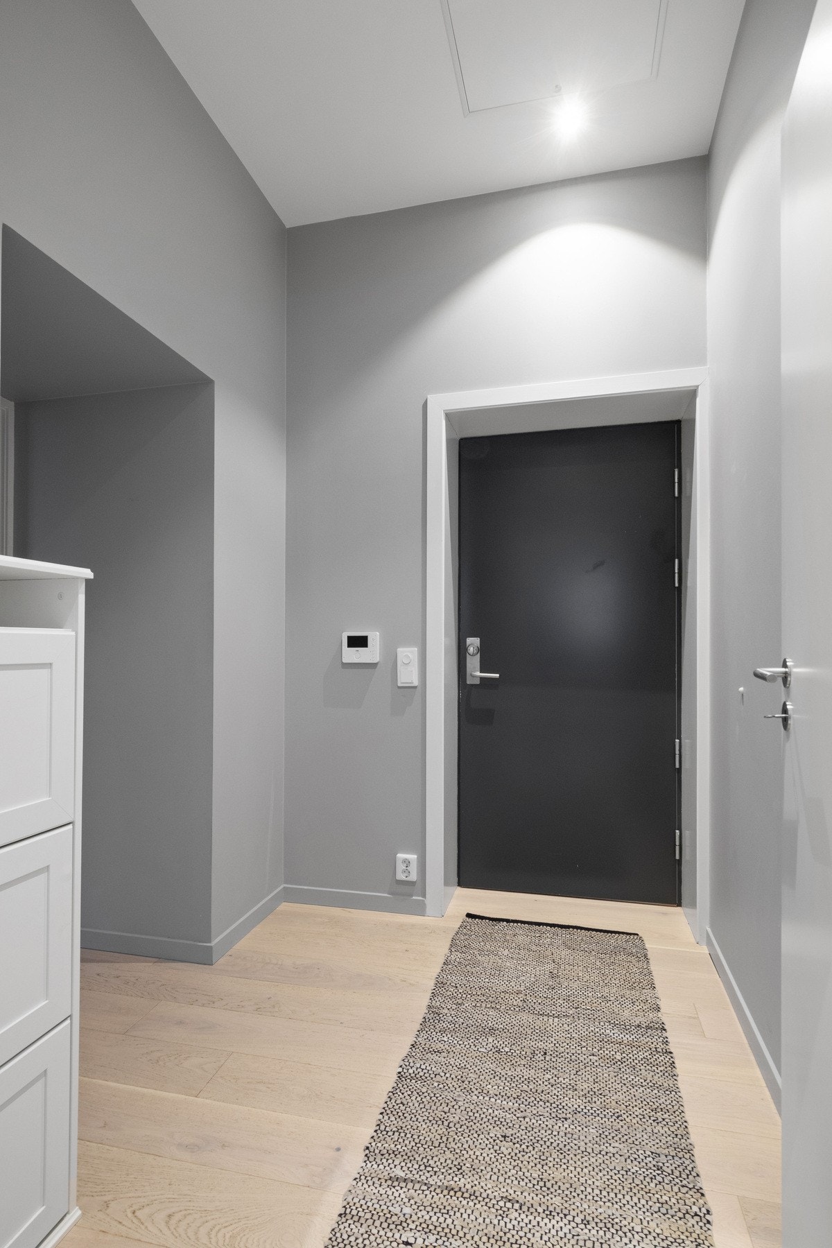 Leiligheten har en pen entré med gråmalte, glatte vegger og lys, enstavs parkett på gulv med vannbåren gulvvarme. Galleribilde