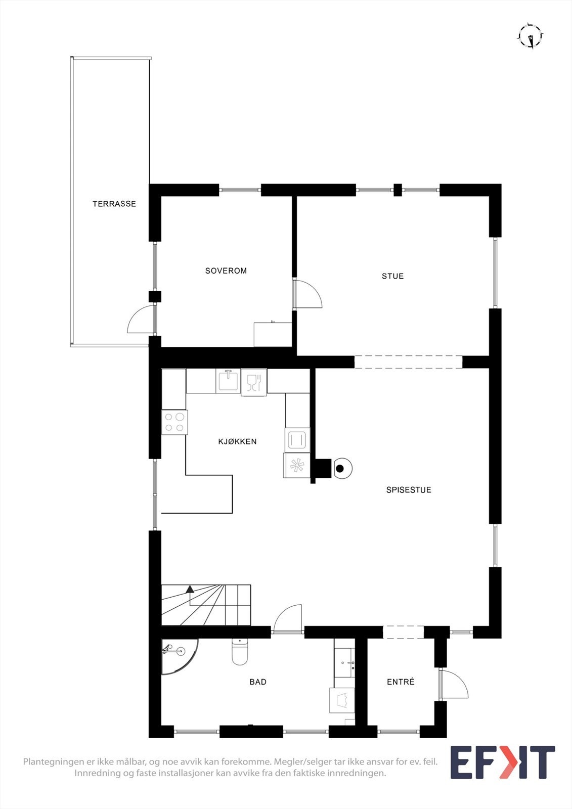 Plantegning for 1. etasje, som inneholder entré, stue, kjøkken, spisestue, bad og ett soverom. Galleribilde