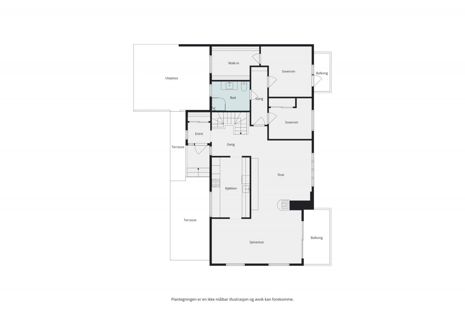 Plantegningen av hovedetasjen viser en bolig med tre soverom, bad, stue, kjøkken og flere uteplasser. Galleribilde