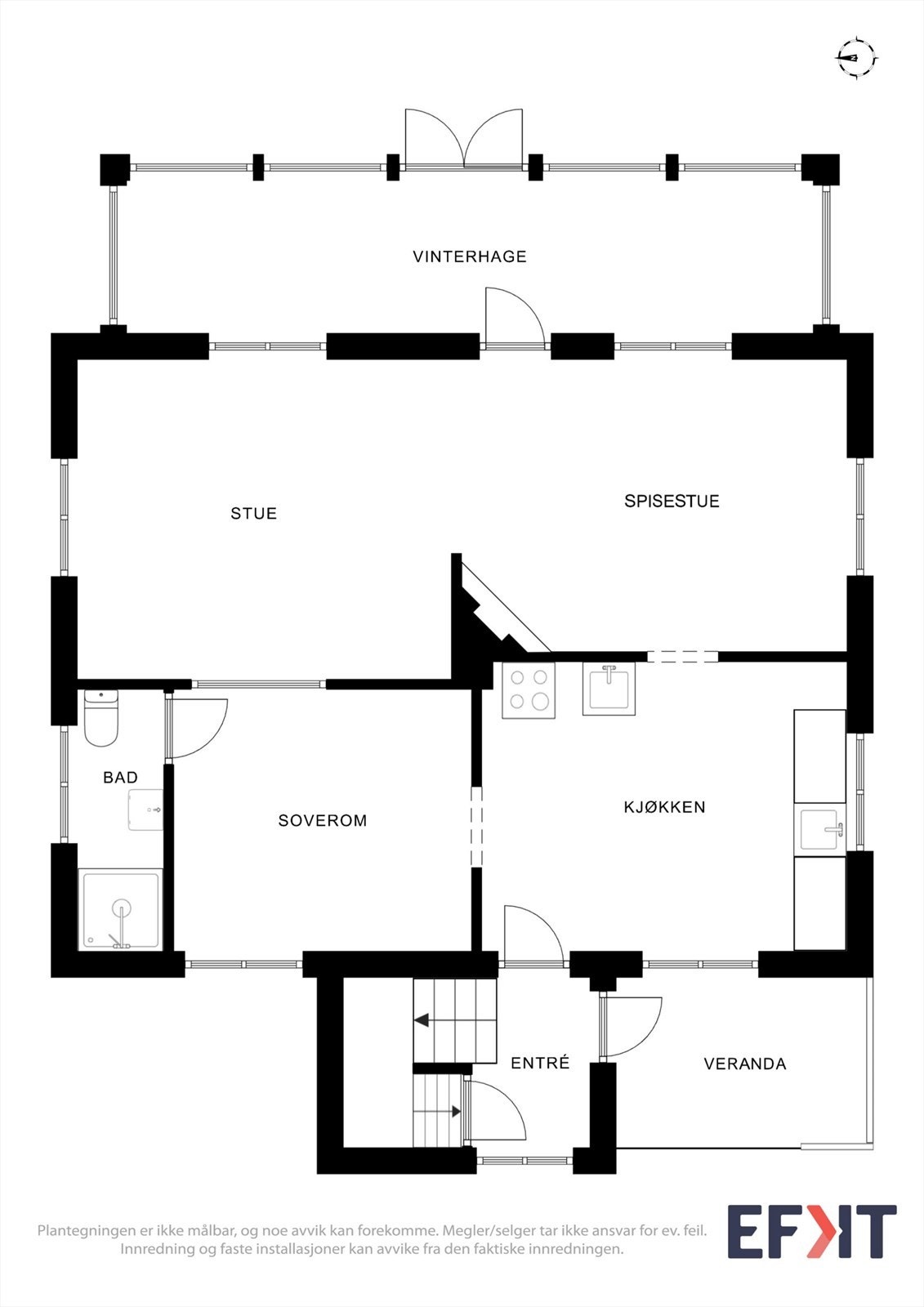 Plantegning for 1. etasje (62 m² BRA-i) med entré, kjøkken, stue, bad og ett soverom. Galleribilde