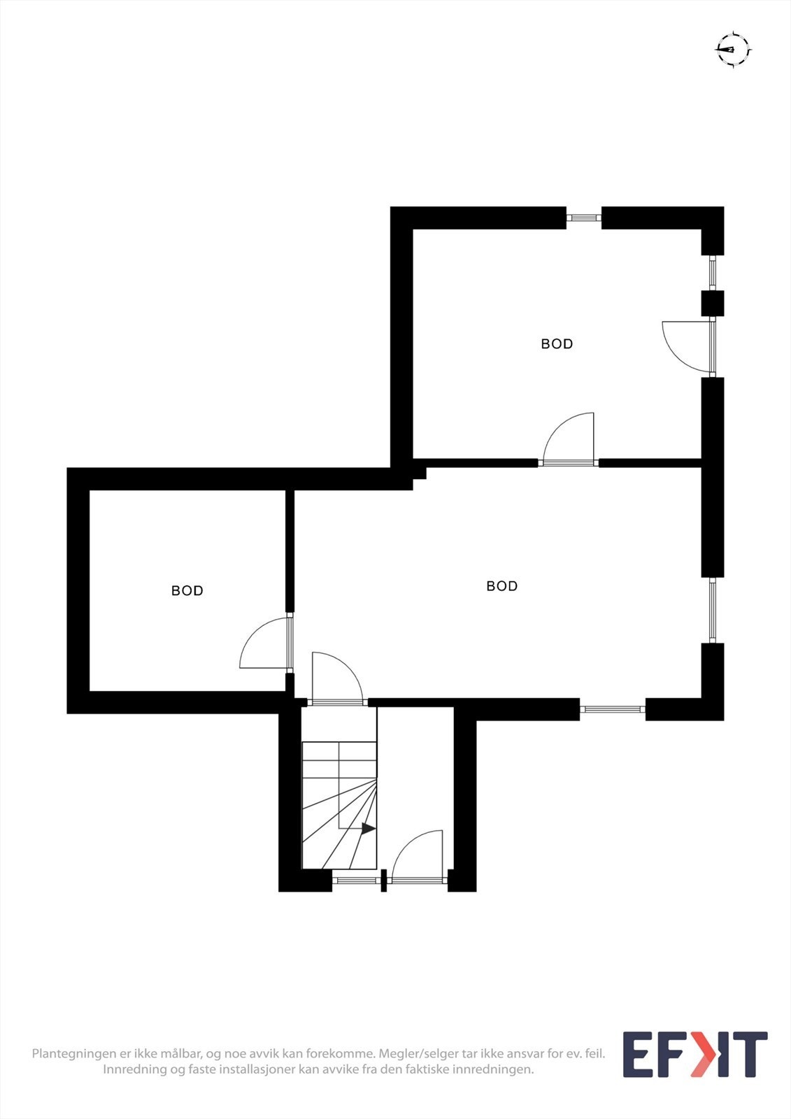 Plantegning for kjeller (35 m² BRA-i) med flere boder og tekniske rom. Galleribilde