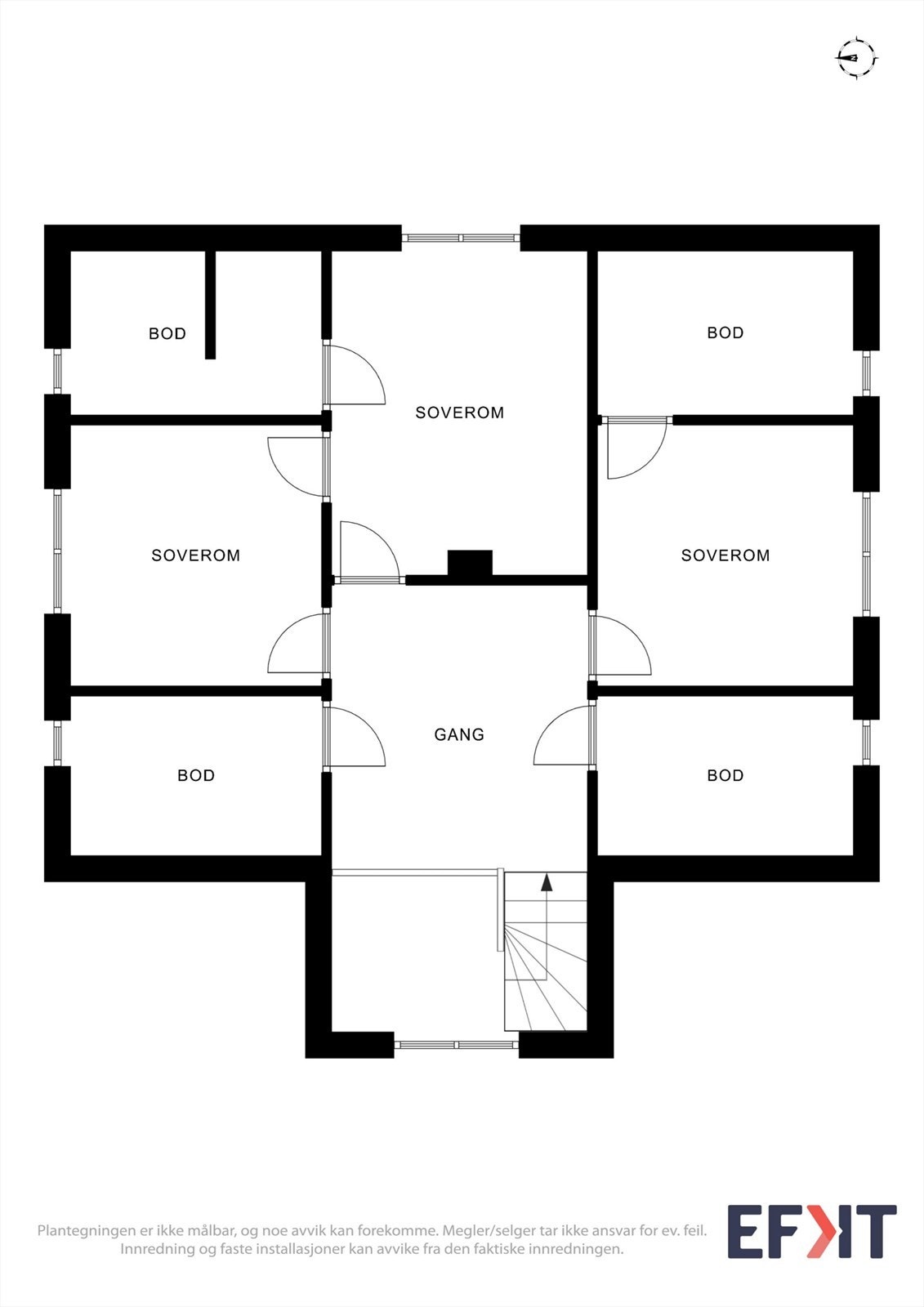 Plantegning for 2. etasje (43 m² BRA-i) som inneholder gang og tre soverom. Galleribilde