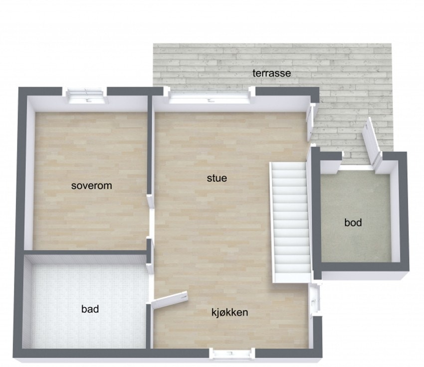 1.etg. bye på stue/kjøkken, soverom og bad. Galleribilde