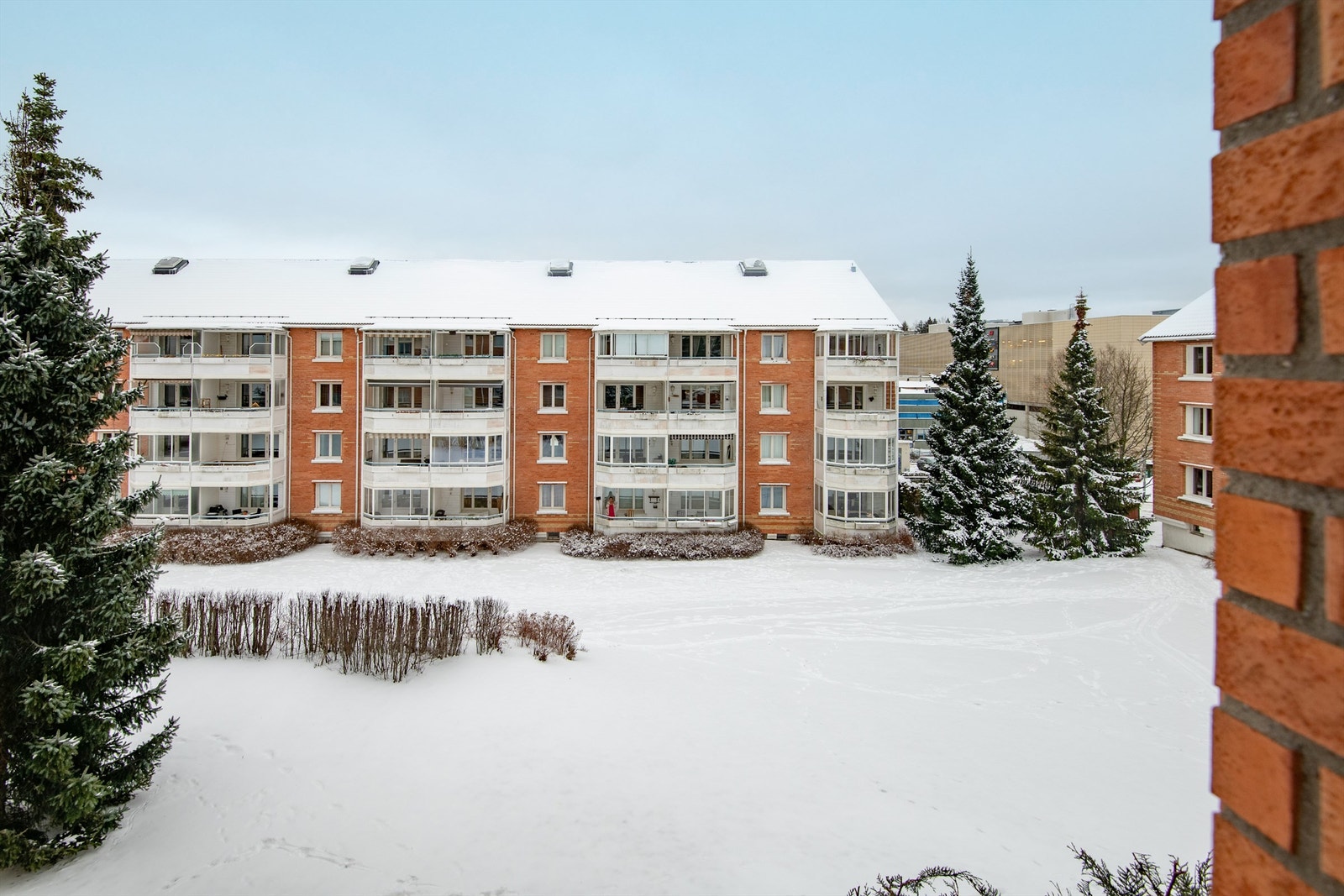 Utsikt fra leiligheten mot fellesområdet bak bygget. Galleribilde