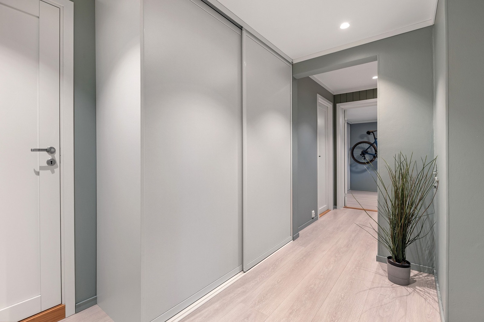 Lys gang med garderobeskap og tilgang til flere rom. Galleribilde