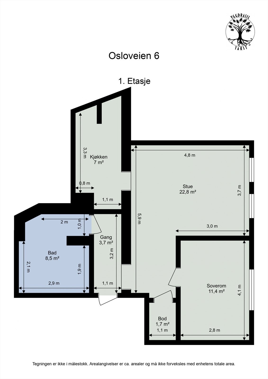 Planløsning - I tillegg disponerer leiligheten en loftsbod og en kjellerbod på til sammen 10 m². Galleribilde