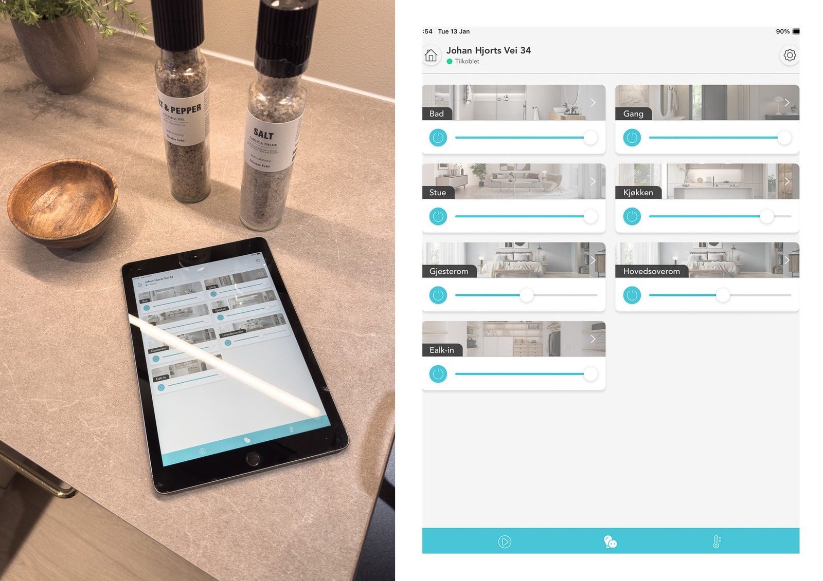 Lys og termostater styres gjennom app. Galleribilde