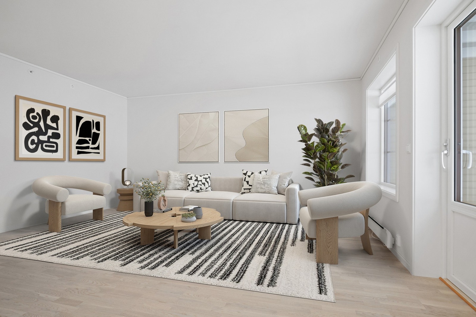 Stuen er naturlig inndelt i ulike soner, og det passer utmerket å møblere med spisebord nærmest kjøkkenet Galleribilde