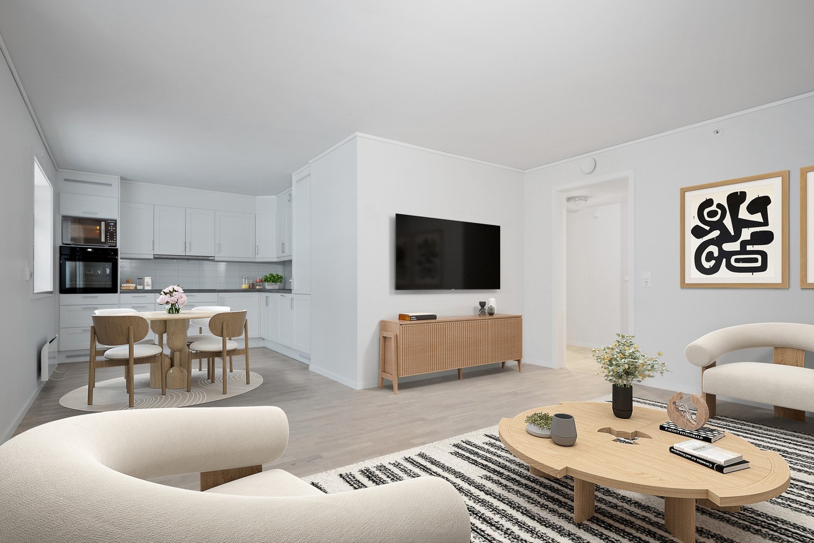 Sammen med kjøkkenet utgjør stuen et åpent og innbydende allrom, der store vinduer i front slipper inn godt med naturlig lys Galleribilde