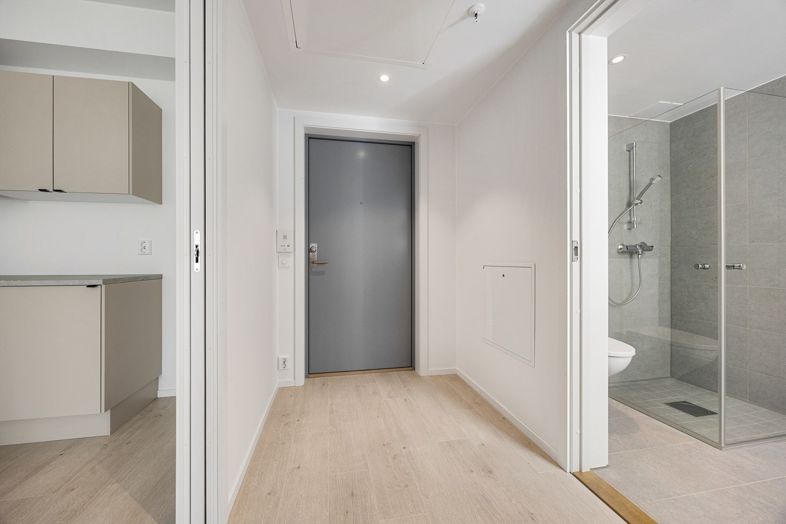 Praktisk entré på 4,3 m² med downlights i himling og direkte tilgang til bad og stue. Galleribilde