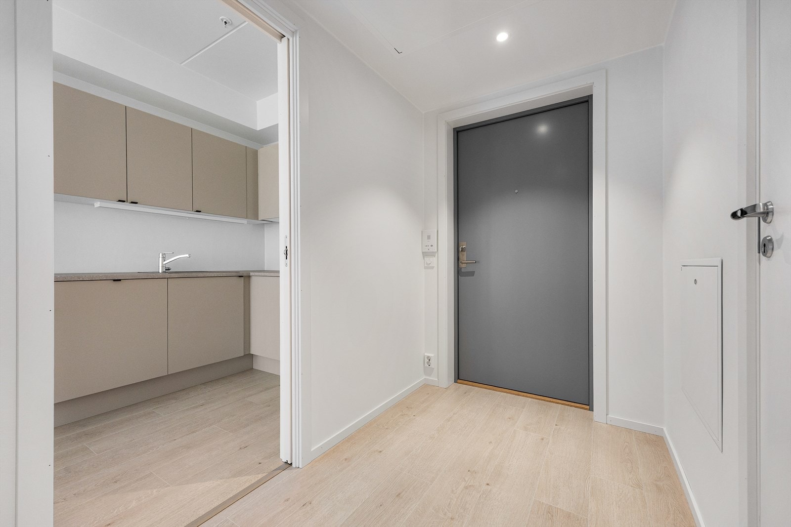 Fra entreen er det en naturlig flyt videre inn mot leilighetens oppholdsrom. Galleribilde