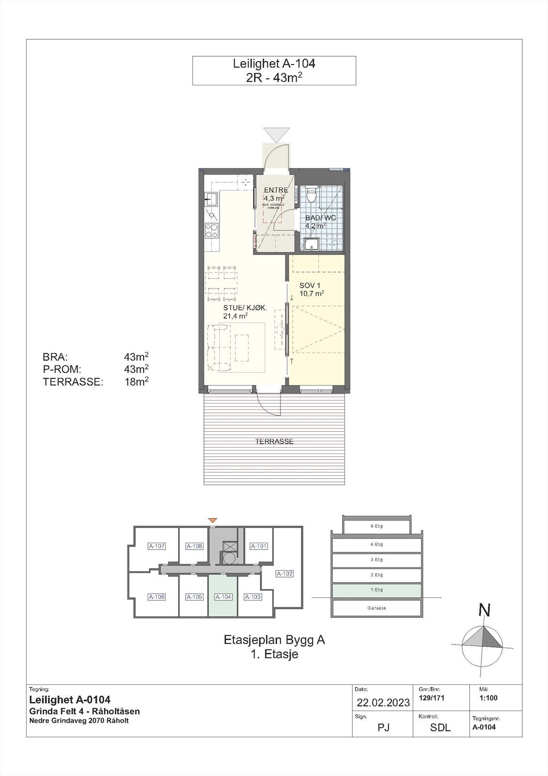 Leiligheten har en arealeffektiv planløsning på 43 m² med god utnyttelse av plassen. Galleribilde