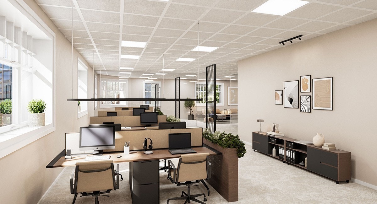 Illustrasjon av åpent kontorlandskap i lokalene Galleribilde