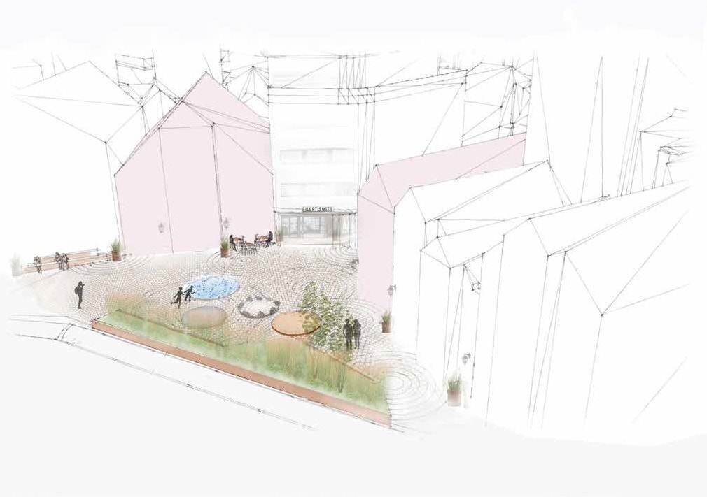 Børehaugen Torg foran sjøhusene skal opparbeides med beplantning, benker og nytt belegg vinter/vår 25/26 Galleribilde